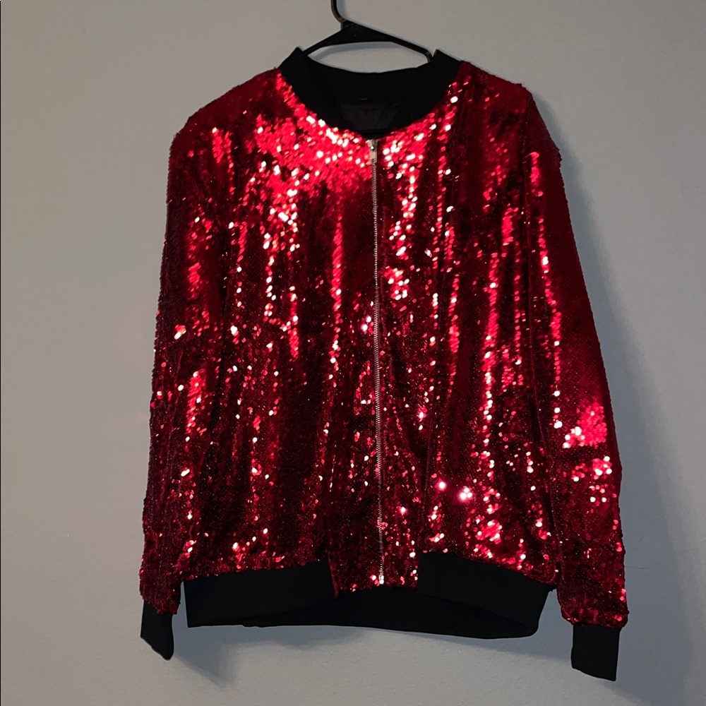 NWOT Sequin Red Women's Zipper Jacket Plus Size - Picture 2 of 4